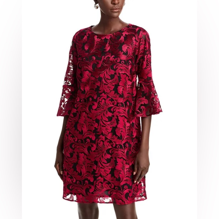 Nwt Caroline Rose Bella Soiree Embroidered Mesh Lace 3/4 Bell Sleeve Shift Dress